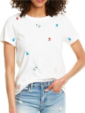 J.Crew White Cotton Short Sleeve Top With All Over Embroidered Bikini Design